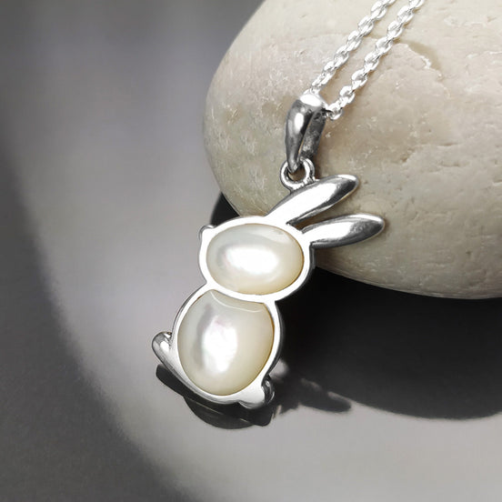 Rabbit Pendant, Sterling Silver, White Mother of Pearl Shell, Bunny Charm, Minimalist Necklace