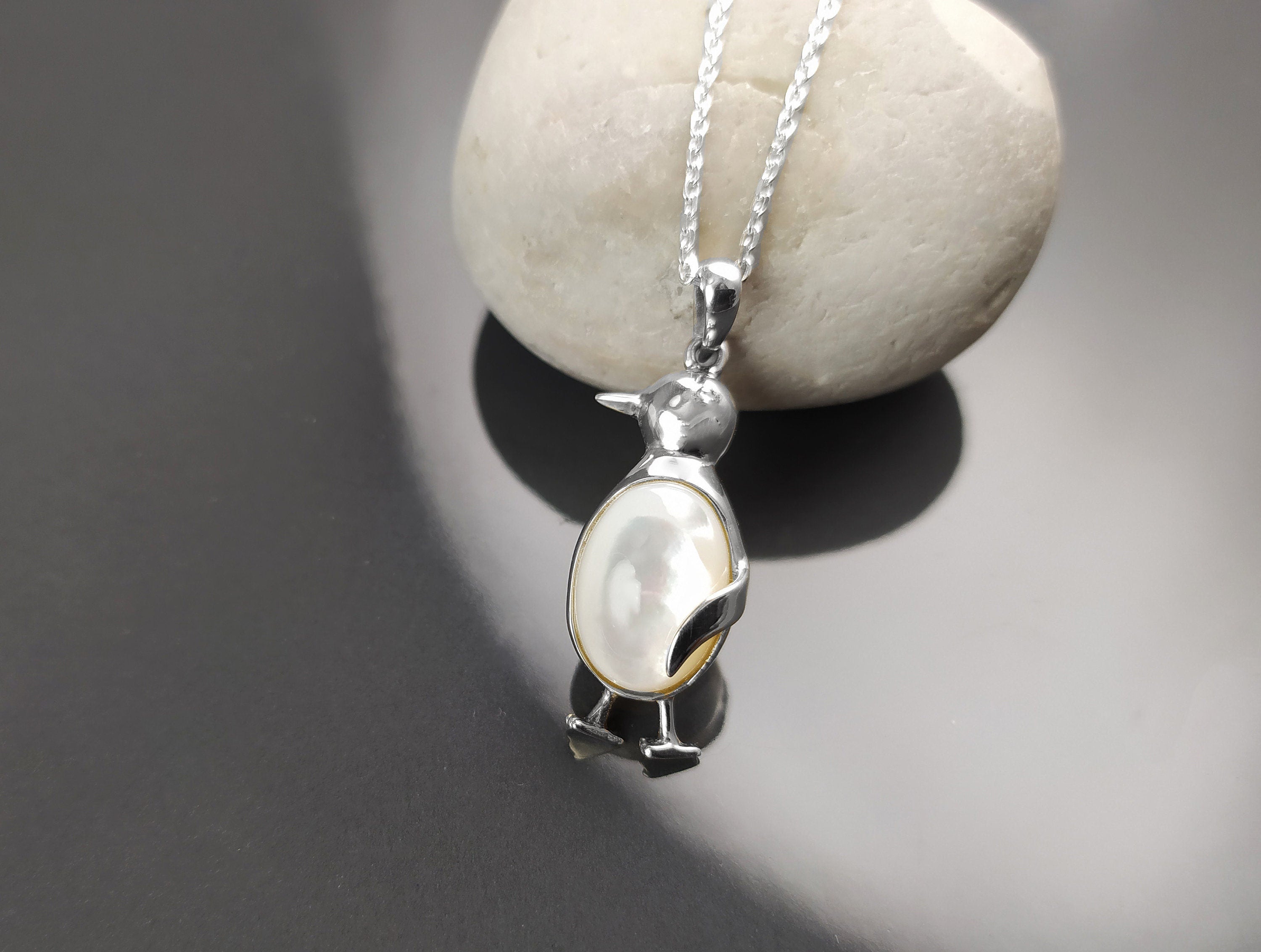 Sterling Silver Penguin Earrings, Mother of Pearl Dangle Earrings