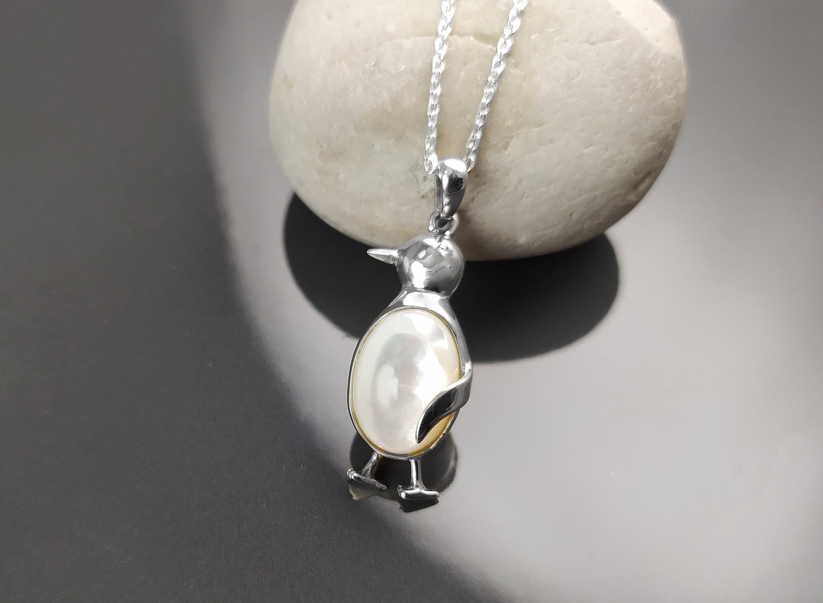 Sterling Silver Penguin Earrings, Mother of Pearl Dangle Earrings