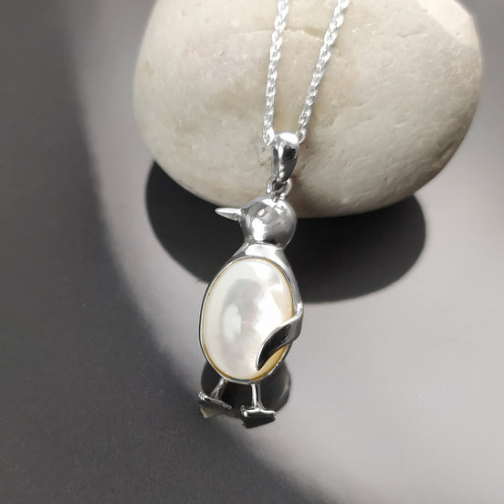 Sterling Silver Penguin Earrings, Mother of Pearl Dangle Earrings