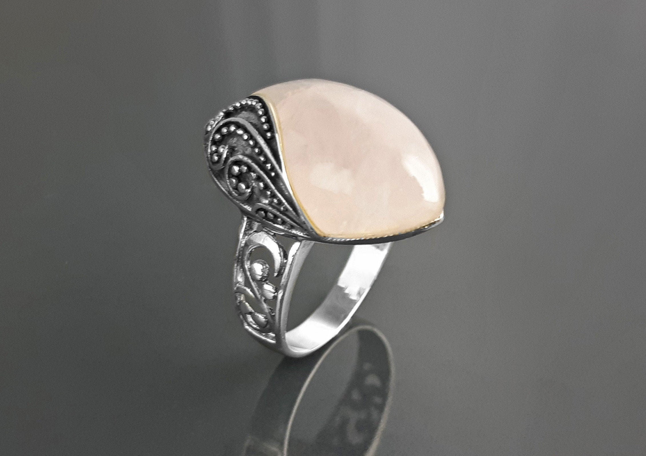 Antique Quartz Ring, Sterling Silver, NATURAL Rose Quartz, Pink Stone, Filigree Design, Almond Oval Ring, Quartz Birthstone Jewelry
