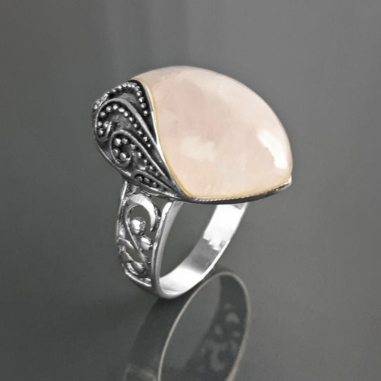 Antique Quartz Ring, Sterling Silver, NATURAL Rose Quartz, Pink Stone, Filigree Design, Almond Oval Ring, Quartz Birthstone Jewelry