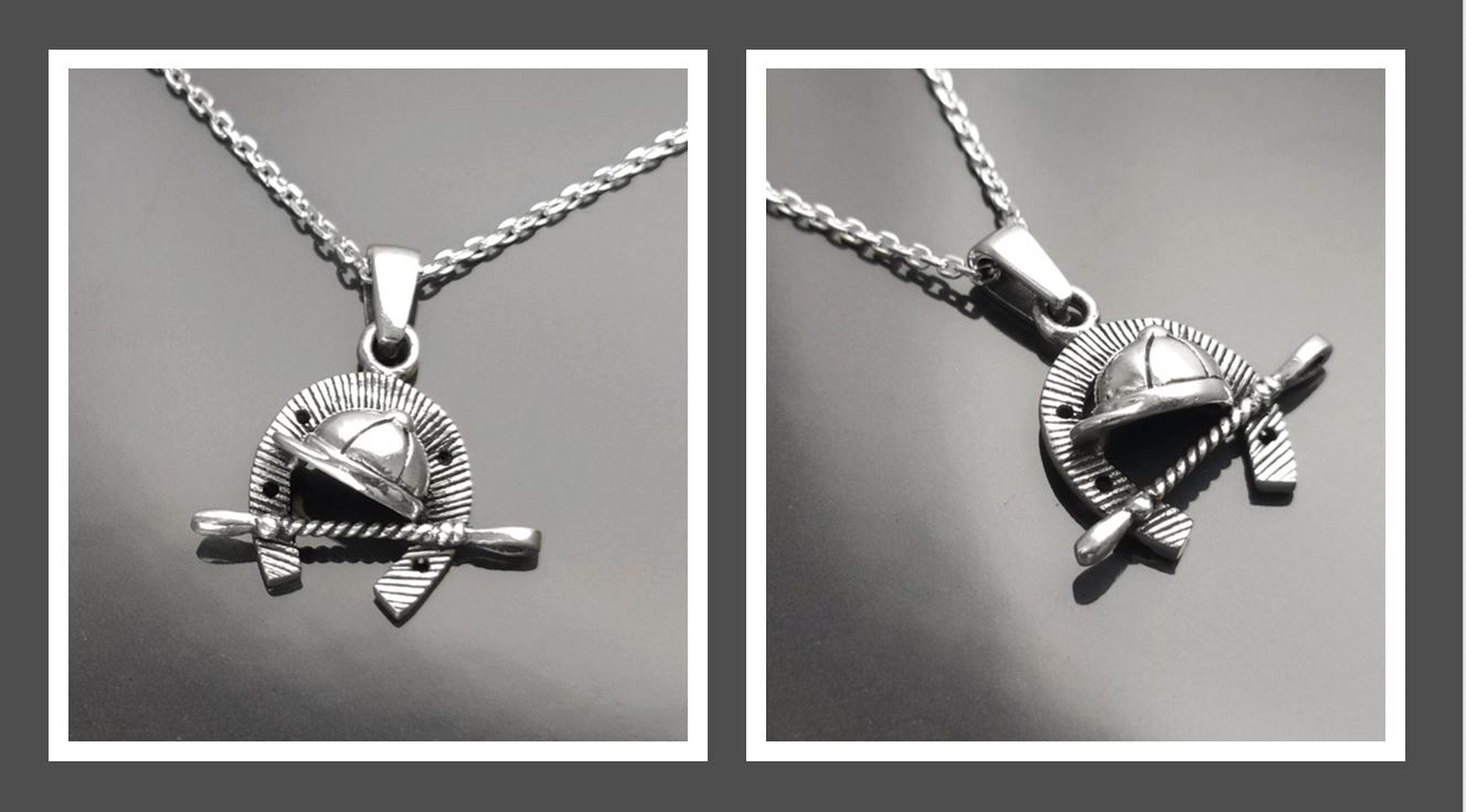 Jockey helmet pendant, sterling silver, riding crop, equine horseshoe, equestrian rider jewelry, riding animal necklace, cowboy gift