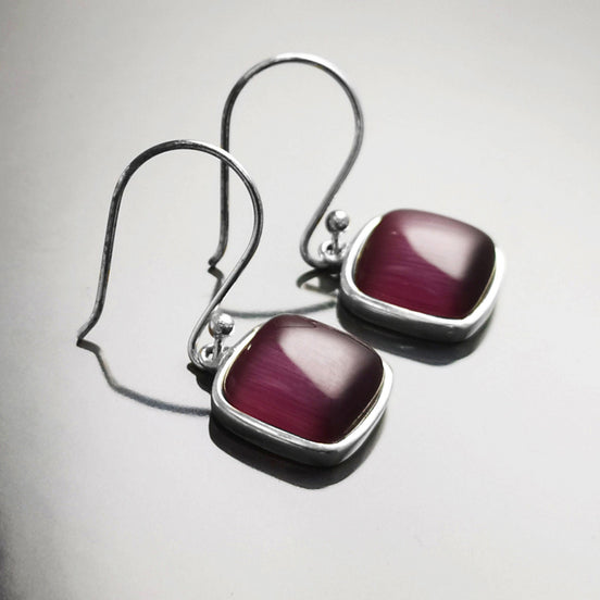 Purple Stone Sterling Earrings, Sterling Silver, Cat's Eyes Gemstone, Geometric Minimalist Design Round Jewelry, Statement Violet Necklace