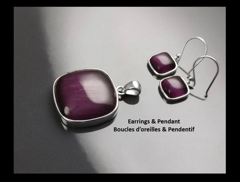 Purple Stone Sterling Pendant, Sterling Silver, Cat's Eyes Gemstone, Geometric Minimalist Design Round Jewelry, Statement Violet Necklace