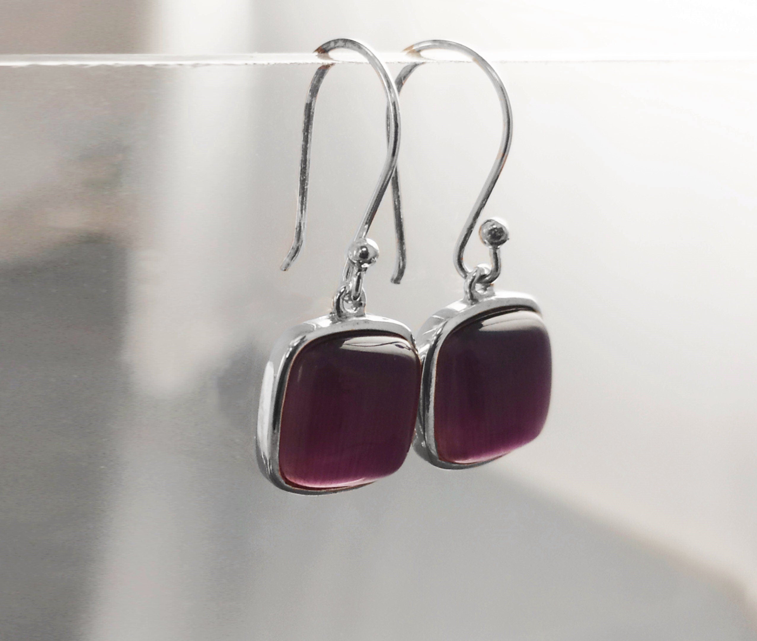 Purple Stone Sterling Pendant, Sterling Silver, Cat's Eyes Gemstone, Geometric Minimalist Design Round Jewelry, Statement Violet Necklace