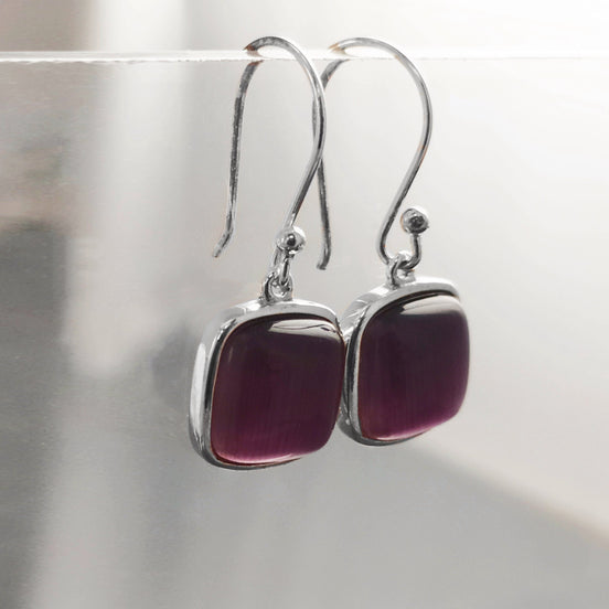 Purple Stone Sterling Earrings, Sterling Silver, Cat's Eyes Gemstone, Geometric Minimalist Design Round Jewelry, Statement Violet Necklace