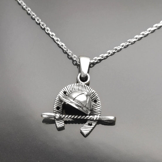 Jockey helmet pendant, sterling silver, riding crop, equine horseshoe, equestrian rider jewelry, riding animal necklace, cowboy gift
