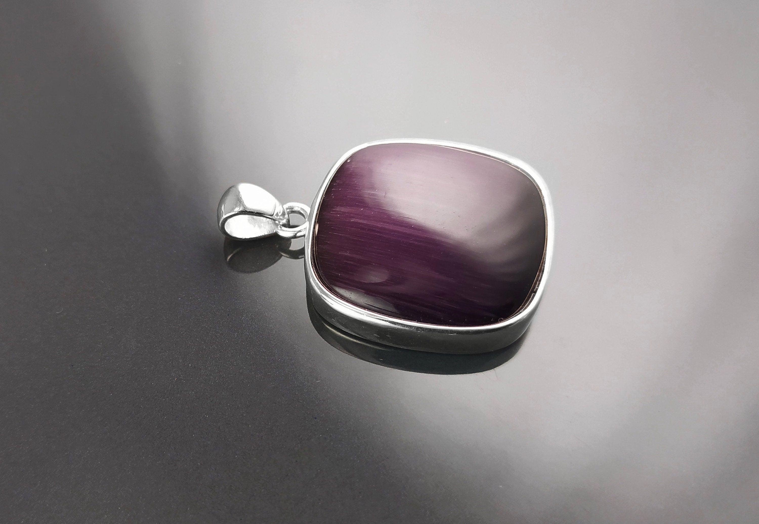 Purple Stone Sterling Earrings, Sterling Silver, Cat's Eyes Gemstone, Geometric Minimalist Design Round Jewelry, Statement Violet Necklace