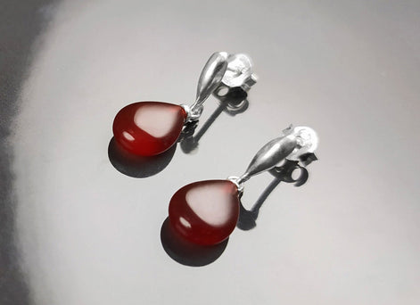 Red Stone 925 Earrings - Sterling Silver - Stud Drop Earrings - Brown Red Stones Modern Jewelry - Red Agate Silver Earrings - Dangly Agate