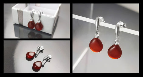 Red Stone 925 Earrings - Sterling Silver - Stud Drop Earrings - Brown Red Stones Modern Jewelry - Red Agate Silver Earrings - Dangly Agate