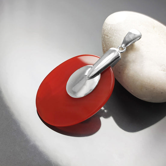 Red Stone Pendant - Sterling Silver, Red Agate Gemstone, Modern Geometric Designer Jewelry, Statement OVAL Pendant