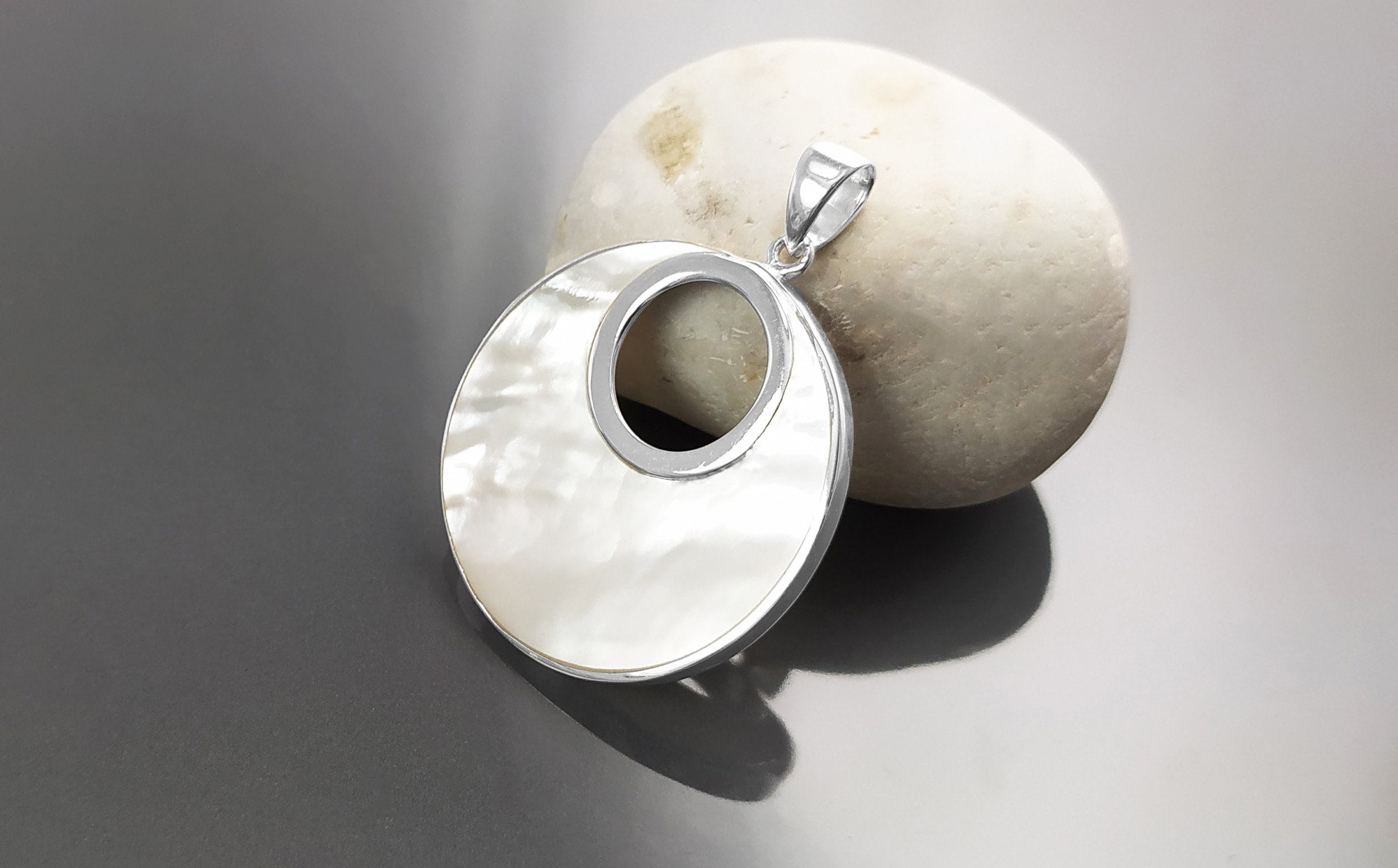 Sterling Silver Mother of Pearl Pendant Necklace, Minimalist Geometric Moon