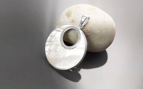 Sterling Silver Mother of Pearl Pendant Necklace, Minimalist Geometric Moon