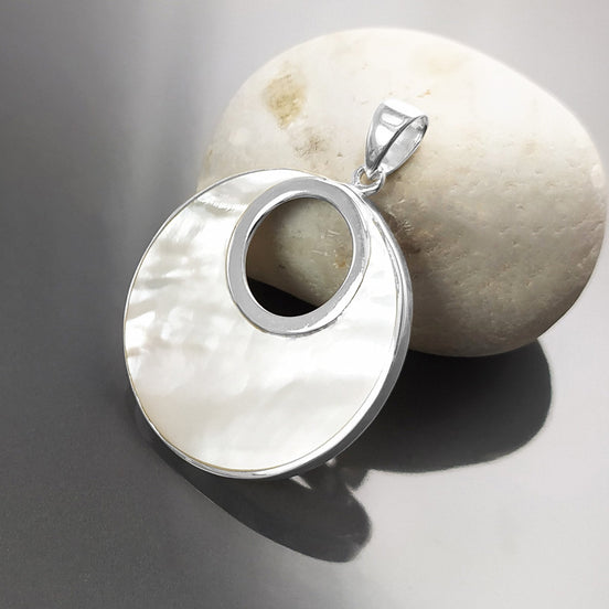 Sterling Silver Mother of Pearl Pendant Necklace, Minimalist Geometric Moon