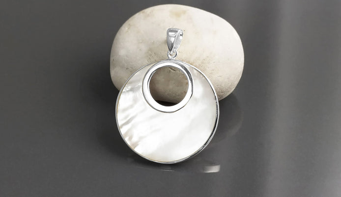 Sterling Silver Mother of Pearl Pendant Necklace, Minimalist Geometric Moon