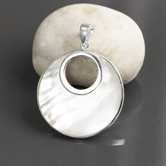 Sterling Silver Mother of Pearl Pendant Necklace, Minimalist Geometric Moon