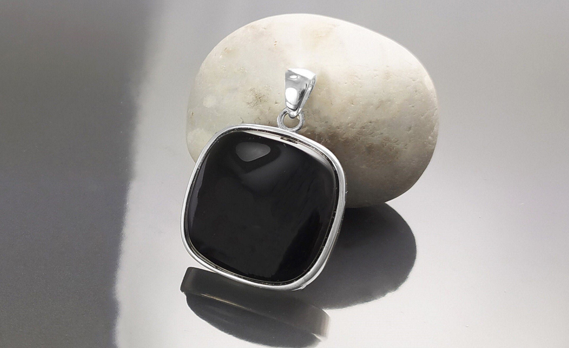 Big Black Rounded Square Pendant, Sterling Silver, Black Onyx Gemstone, Geometric Minimalist Design Round Jewelry, Statement Necklace