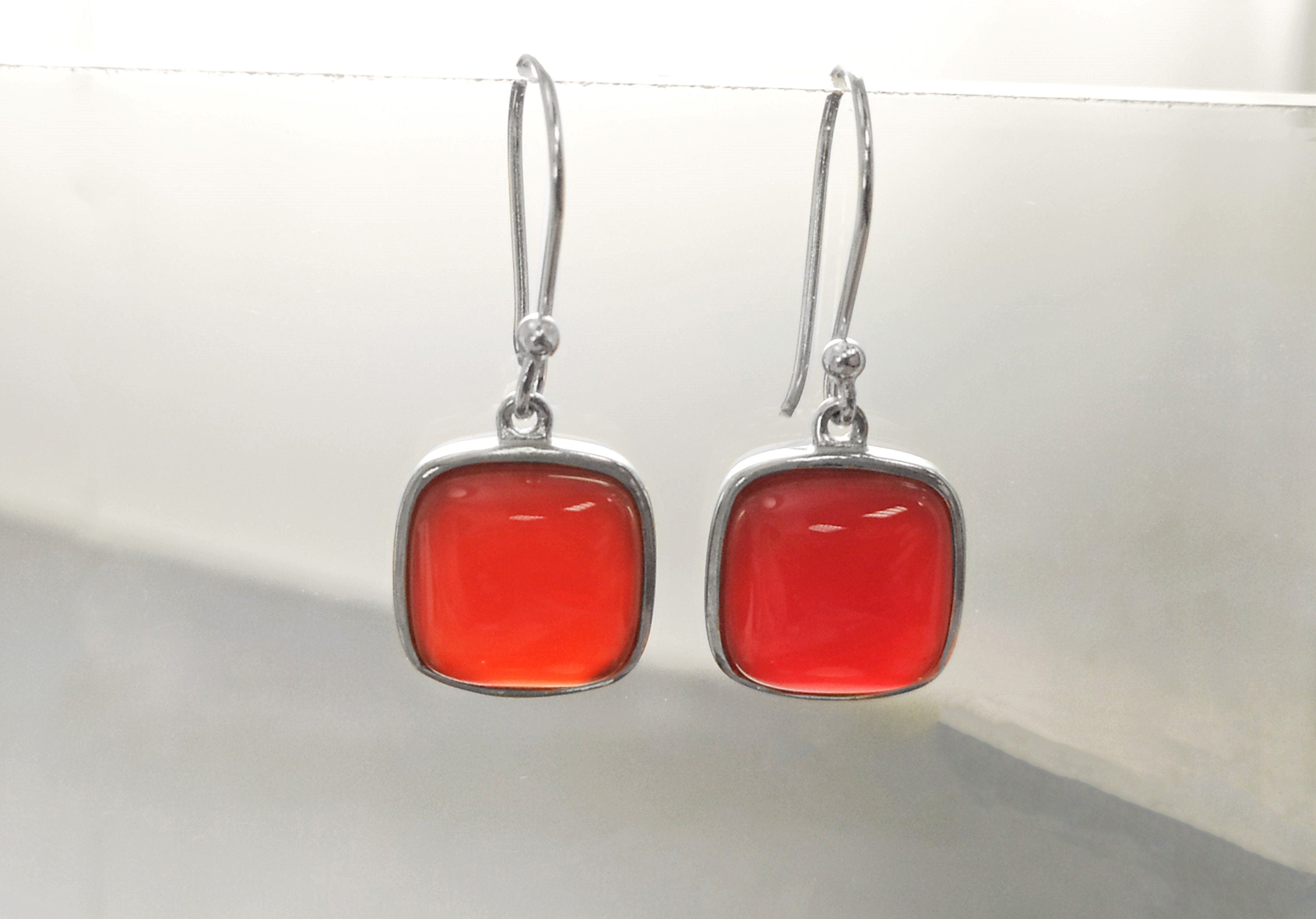 Red Square Earrings, Sterling Silver, Red Agate Gemstone, Rounded Geometric Minimalist Stone Jewelry, Minimalist Agate Earrings, Pop Red.