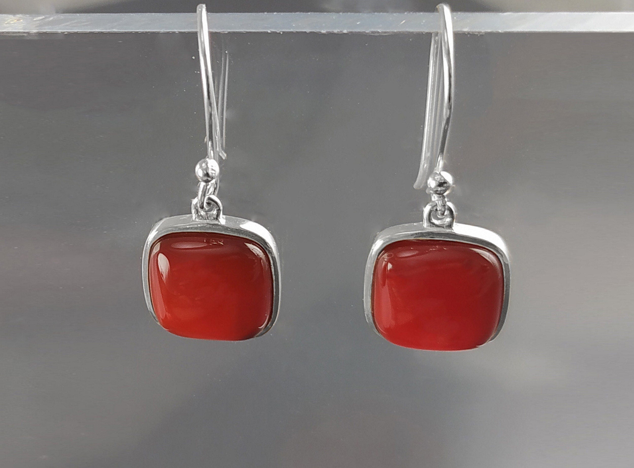 Red Square Earrings, Sterling Silver, Red Agate Gemstone, Rounded Geometric Minimalist Stone Jewelry, Minimalist Agate Earrings, Pop Red.