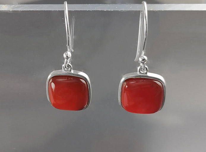 Red Square Earrings, Sterling Silver, Red Agate Gemstone, Rounded Geometric Minimalist Stone Jewelry, Minimalist Agate Earrings, Pop Red.