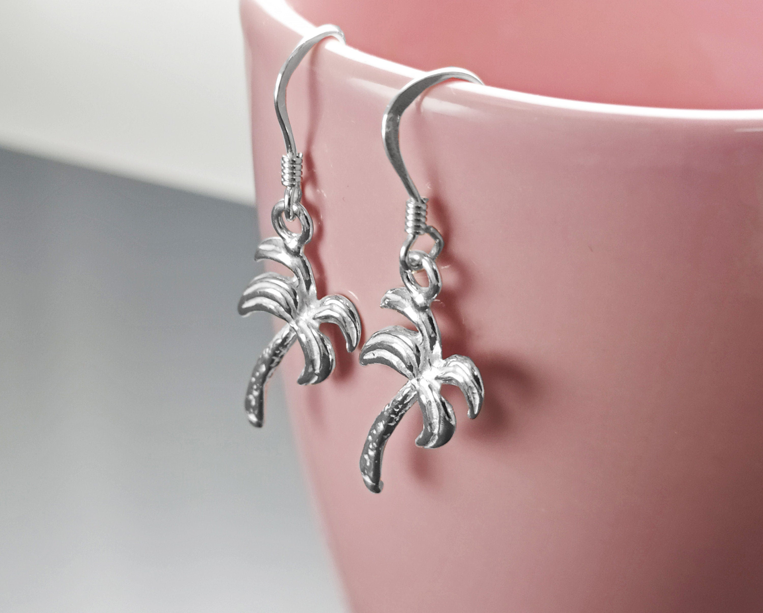 Palm Tree Earrings, Sterling Silver, beachy tropical summer vacation resort Hawaii island Florida California beach Jewelry