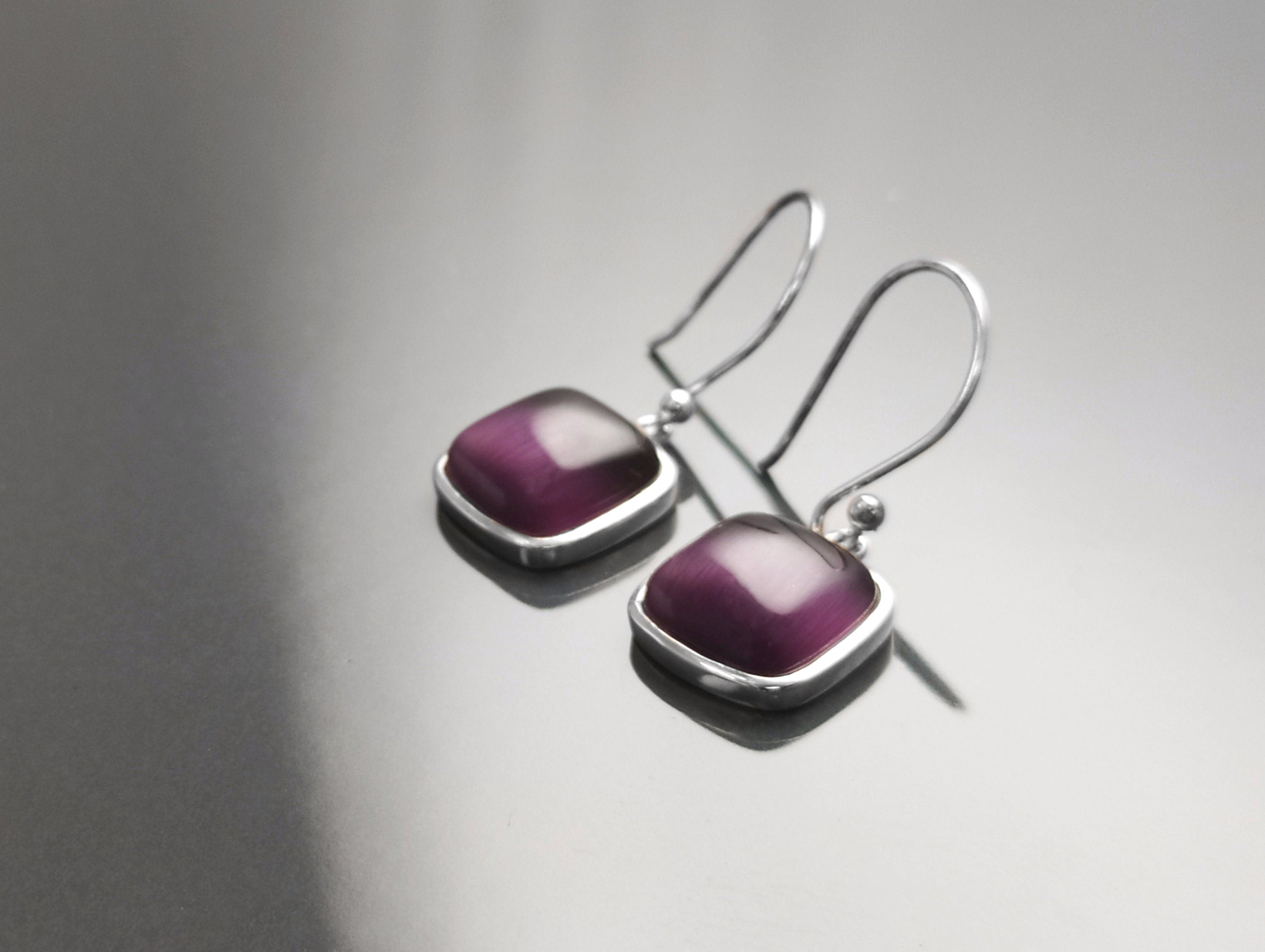 Purple Stone Sterling Pendant, Sterling Silver, Cat's Eyes Gemstone, Geometric Minimalist Design Round Jewelry, Statement Violet Necklace
