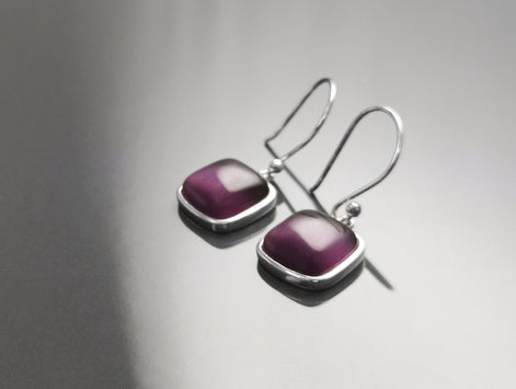 Purple Stone Sterling Pendant, Sterling Silver, Cat's Eyes Gemstone, Geometric Minimalist Design Round Jewelry, Statement Violet Necklace