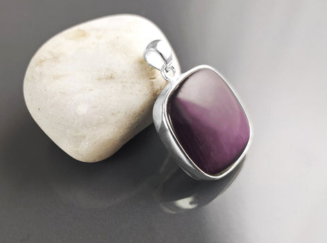 Purple Stone Sterling Pendant, Sterling Silver, Cat's Eyes Gemstone, Geometric Minimalist Design Round Jewelry, Statement Violet Necklace