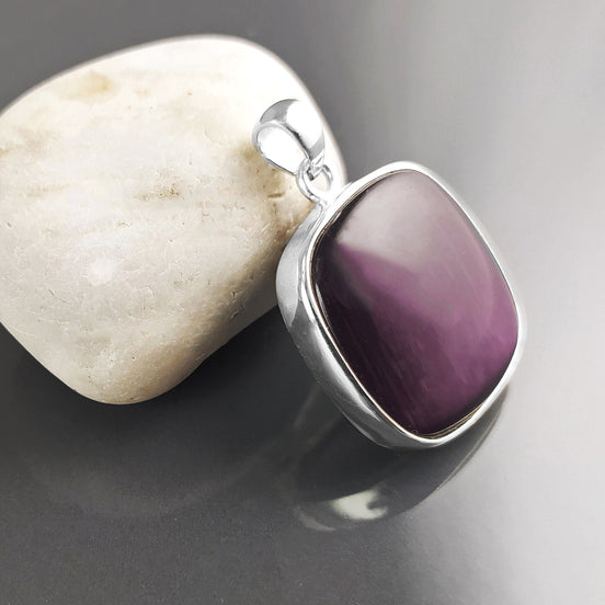 Purple Stone Sterling Pendant, Sterling Silver, Cat's Eyes Gemstone, Geometric Minimalist Design Round Jewelry, Statement Violet Necklace