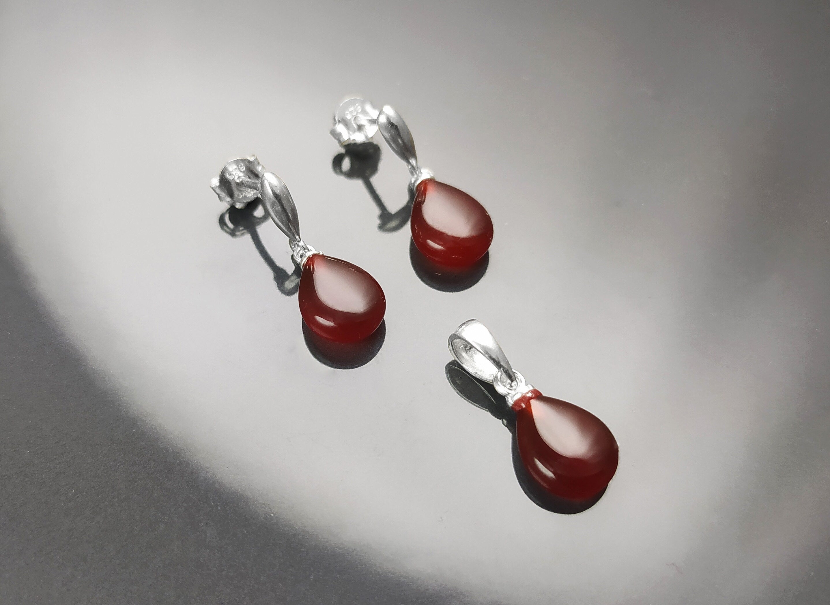 Red Stone 925 Earrings - Sterling Silver - Stud Drop Earrings - Brown Red Stones Modern Jewelry - Red Agate Silver Earrings - Dangly Agate