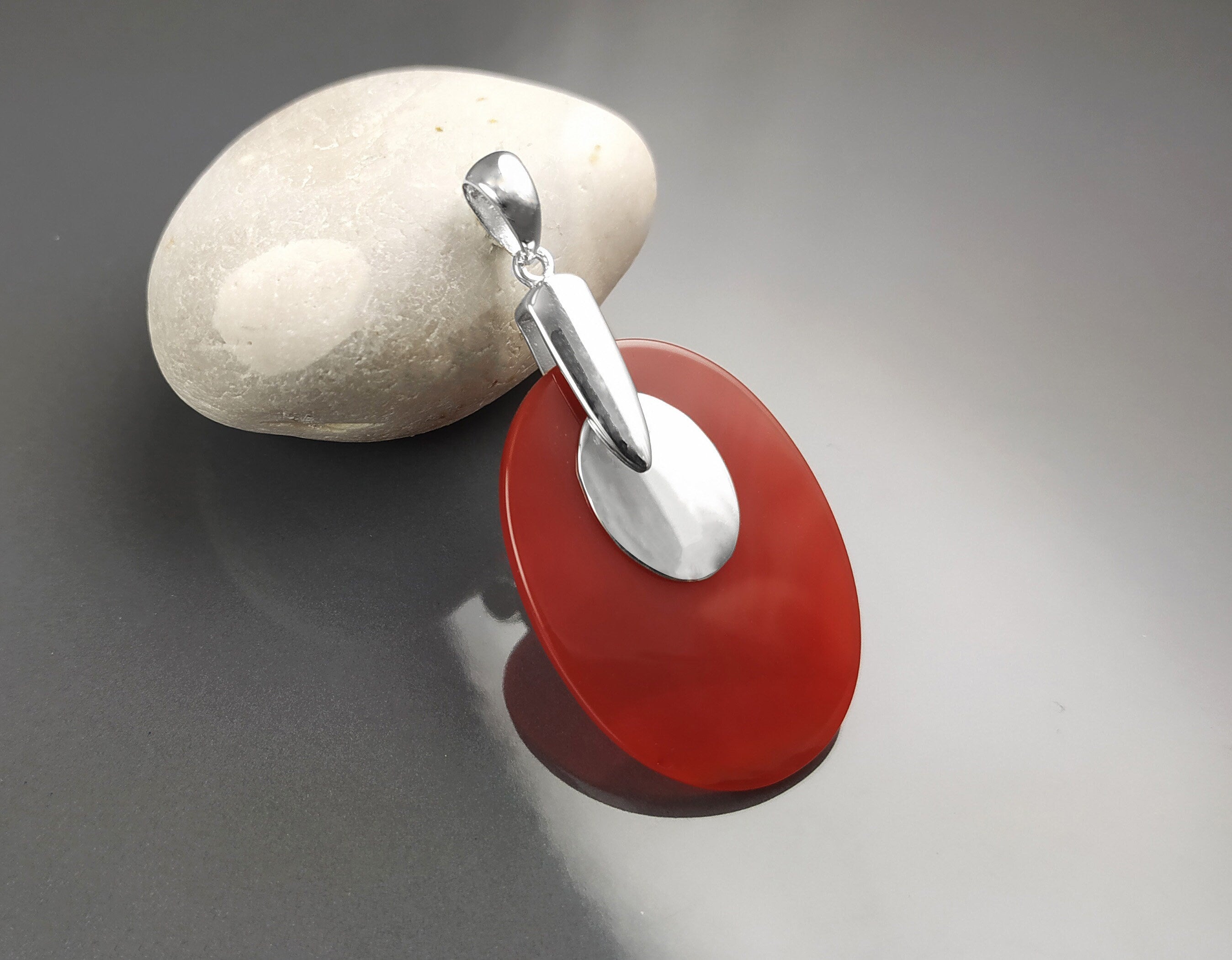 Red Stone Pendant - Sterling Silver, Red Agate Gemstone, Modern Geometric Designer Jewelry, Statement OVAL Pendant