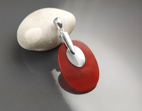 Red Stone Pendant - Sterling Silver, Red Agate Gemstone, Modern Geometric Designer Jewelry, Statement OVAL Pendant