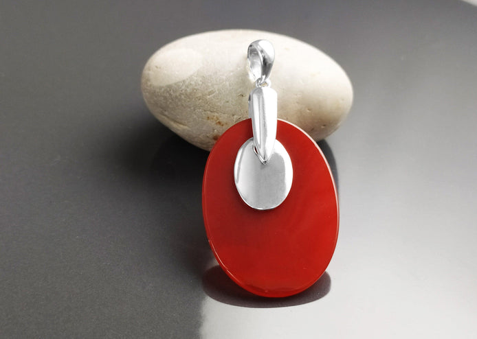 Red Stone Pendant - Sterling Silver, Red Agate Gemstone, Modern Geometric Designer Jewelry, Statement OVAL Pendant