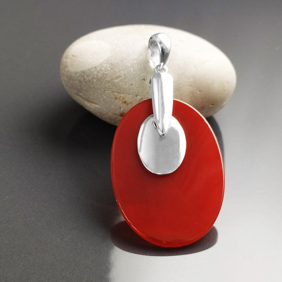 Red Stone Pendant - Sterling Silver, Red Agate Gemstone, Modern Geometric Designer Jewelry, Statement OVAL Pendant