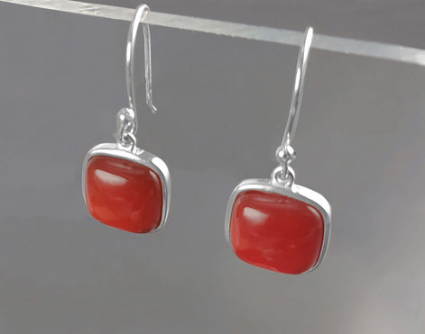Red Square Earrings, Sterling Silver, Red Agate Gemstone, Rounded Geometric Minimalist Stone Jewelry, Minimalist Agate Earrings, Pop Red.