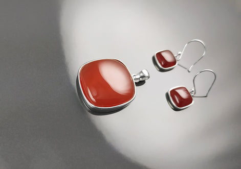 Red Square Earrings, Sterling Silver, Red Agate Gemstone, Rounded Geometric Minimalist Stone Jewelry, Minimalist Agate Earrings, Pop Red.