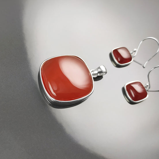 Red Square Earrings, Sterling Silver, Red Agate Gemstone, Rounded Geometric Minimalist Stone Jewelry, Minimalist Agate Earrings, Pop Red.