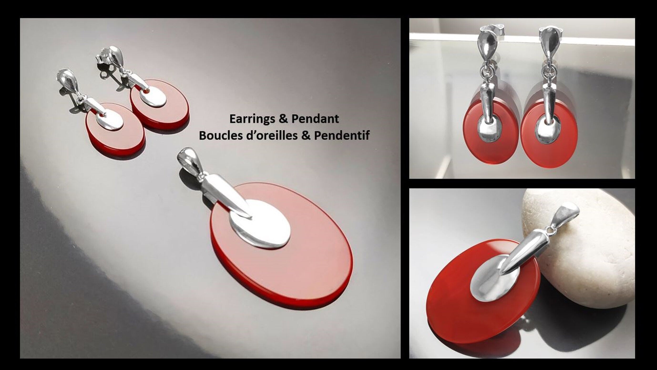Red Stone Pendant - Sterling Silver, Red Agate Gemstone, Modern Geometric Designer Jewelry, Statement OVAL Pendant