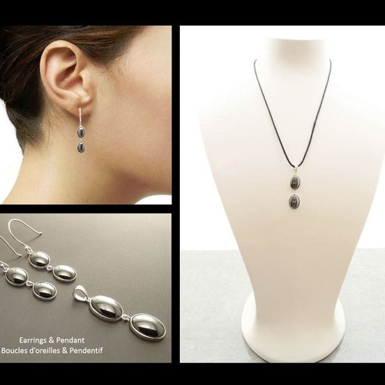Gray Hematite Stone Earrings, Sterling Silver, NATURAL Grey Hematite Gemstone, Minimalist Modern Jewelry, Dangle Drop Oval 2 Stones Earrings