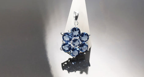 Topaz Blue Color Pendant, Sterling Silver 925, Intricate Design Jewelry, Flower Shape Stone, Sapphire Blue CZ Pendant, Silver Necklace