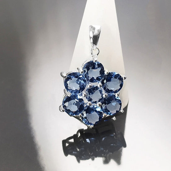 Topaz Blue Color Pendant, Sterling Silver 925, Intricate Design Jewelry, Flower Shape Stone, Sapphire Blue CZ Pendant, Silver Necklace