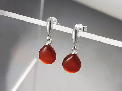 Red Stone 925 Earrings - Sterling Silver - Stud Drop Earrings - Brown Red Stones Modern Jewelry - Red Agate Silver Earrings - Dangly Agate