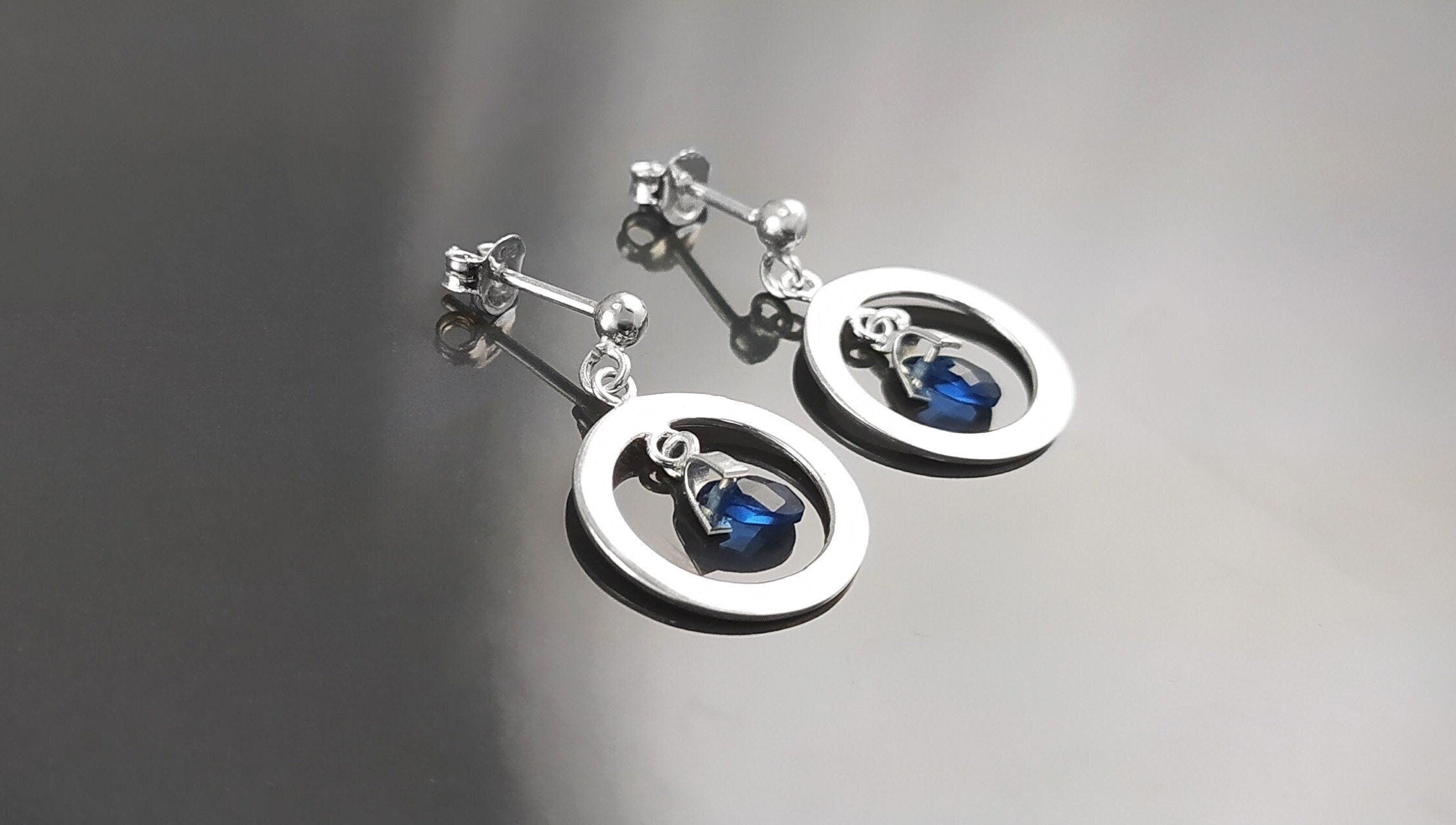 Blue Stone Earrings, sterling silver, Teardrop Blue Berry grape stones bunch Earrings, dark blueberries color, modern chain jewelry