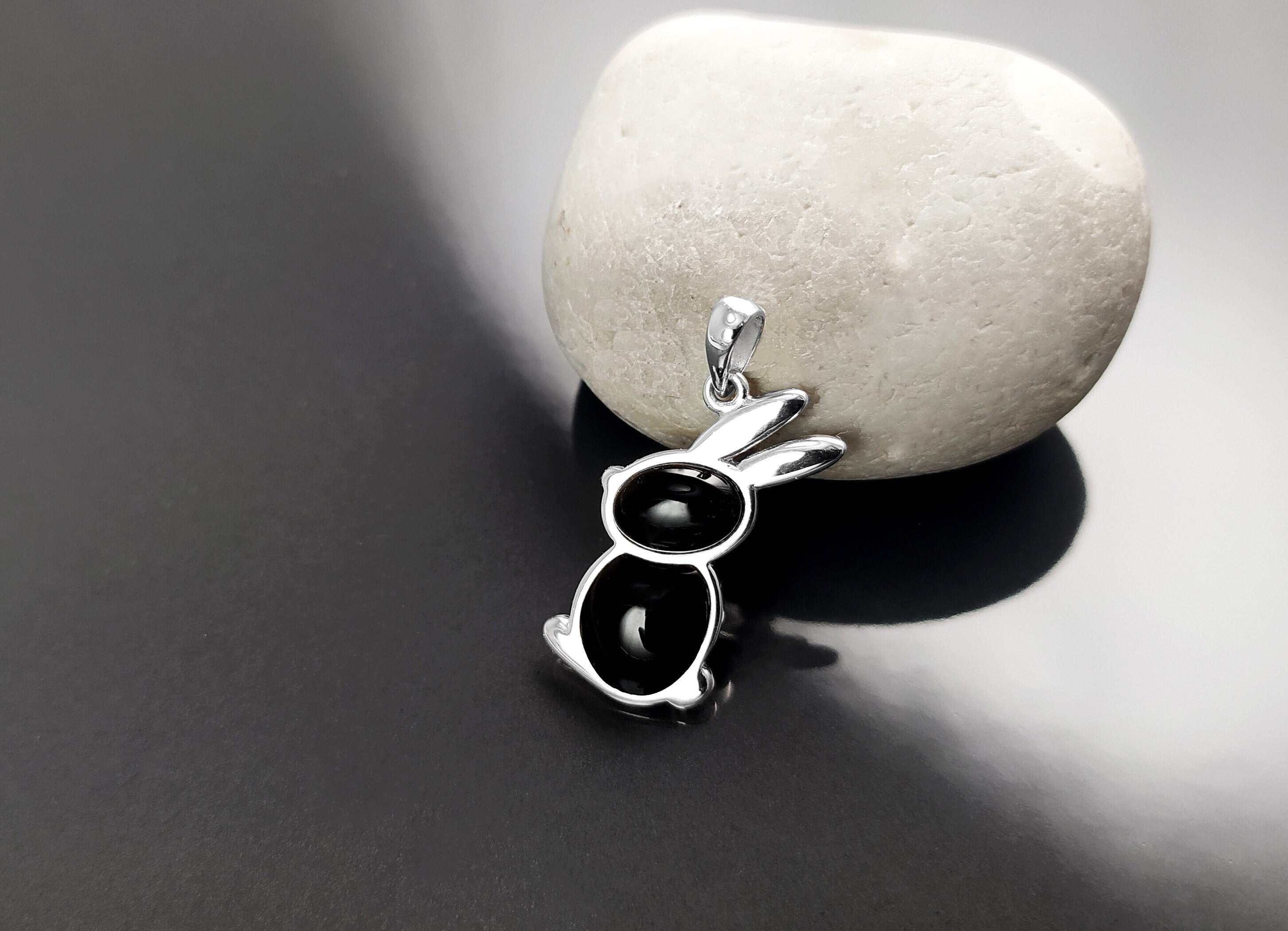 Rabbit Pendant, Sterling Silver, Black Onyx Stone Bunny Charm, Minimalist Necklace