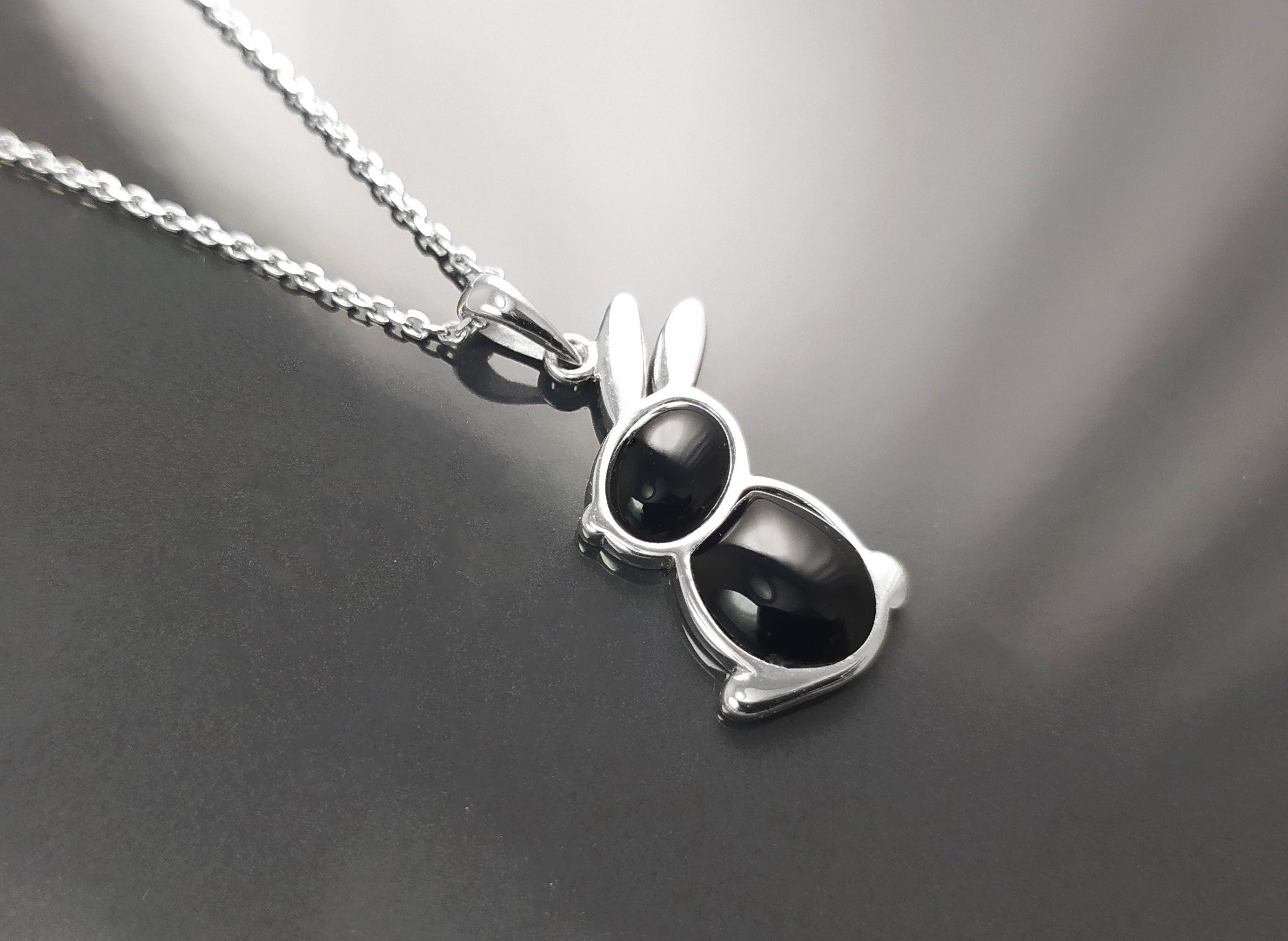 Rabbit Pendant, Sterling Silver, Black Onyx Stone Bunny Charm, Minimalist Necklace