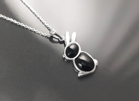Rabbit Pendant, Sterling Silver, Black Onyx Stone Bunny Charm, Minimalist Necklace