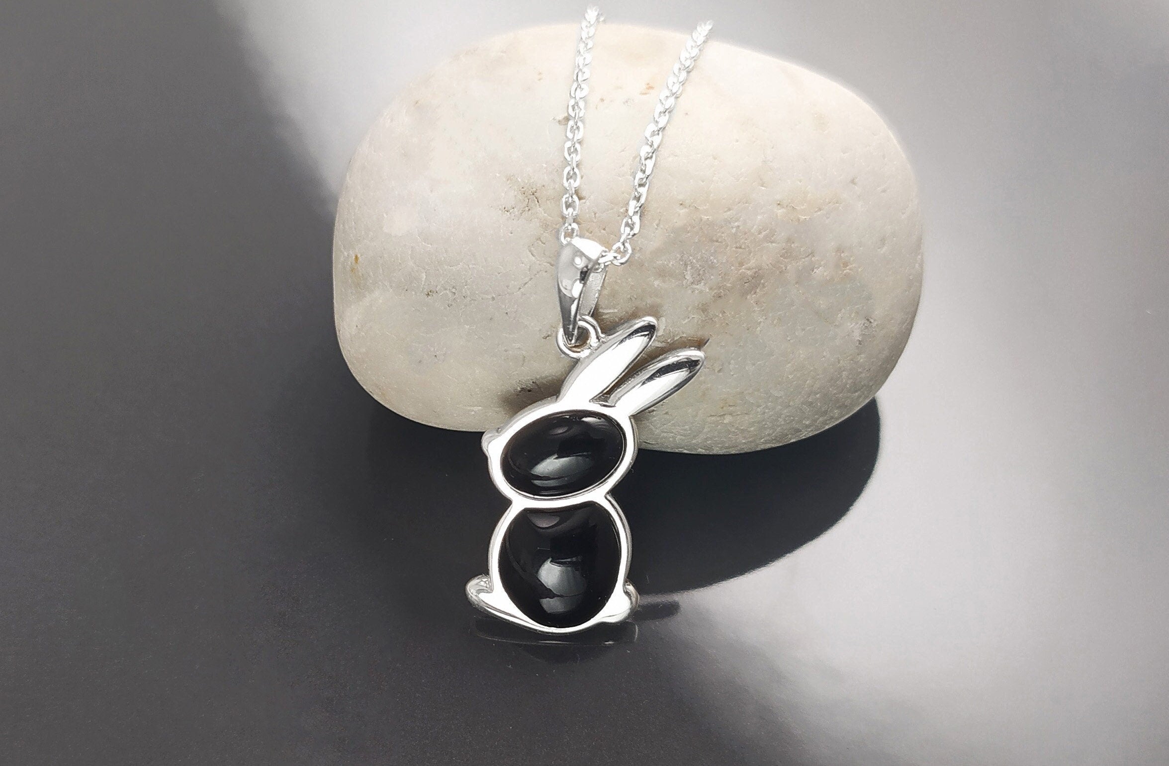 Rabbit Pendant, Sterling Silver, Black Onyx Stone Bunny Charm, Minimalist Necklace