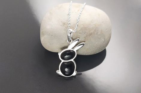 Rabbit Pendant, Sterling Silver, Black Onyx Stone Bunny Charm, Minimalist Necklace