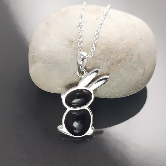 Rabbit Pendant, Sterling Silver, Black Onyx Stone Bunny Charm, Minimalist Necklace